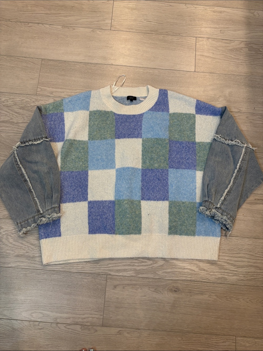debut Checked Crewneck Sweater with Denim Sleeves - Blue/Green/Cream